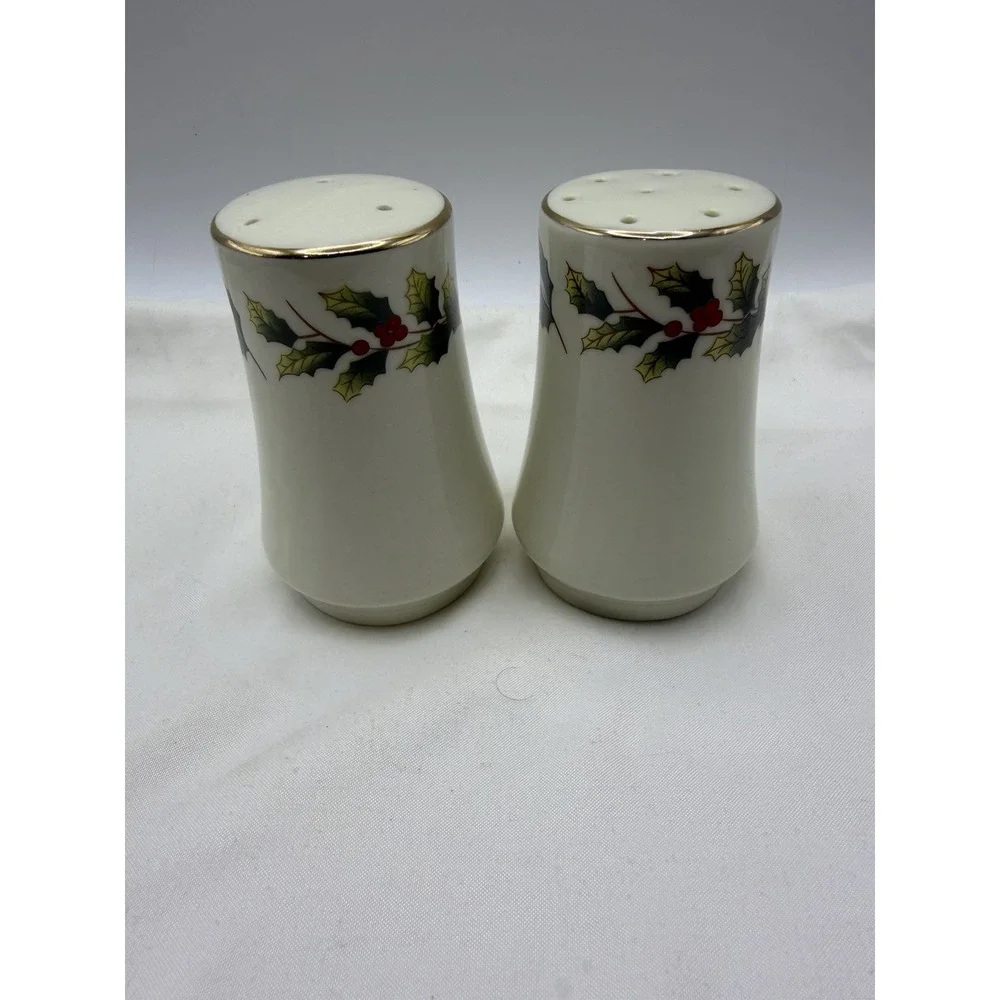 Holiday Christmas Salt & Pepper Shakers Ceramic White Holly and Berries Gold Rim